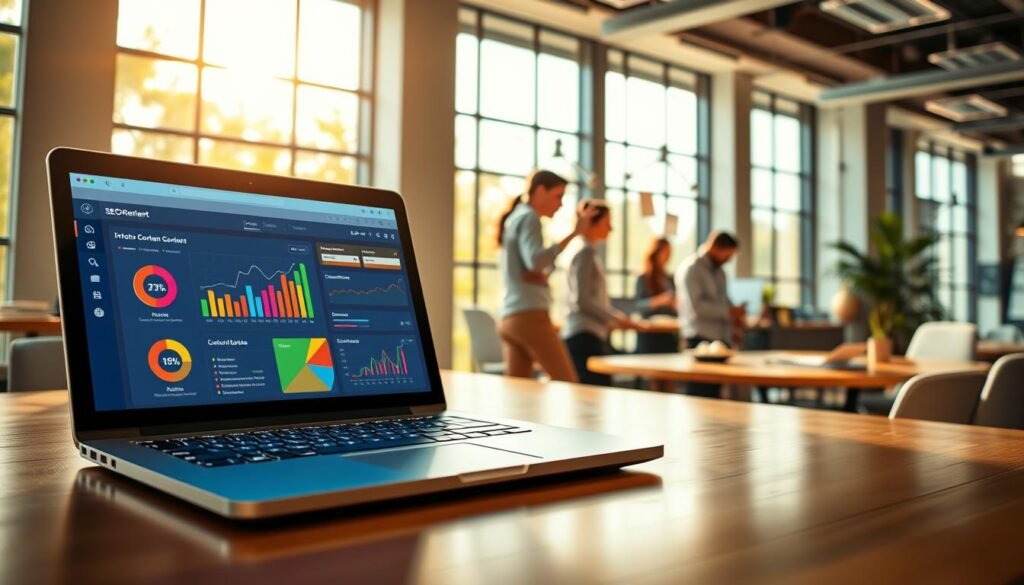 A striking image of SEO content, showcasing the power of the NexReviewZ platform. In the foreground, a laptop displays a vibrant dashboard, highlighting key metrics and tools for improving content score and rankings. The mid-ground features a team of content creators, passionately brainstorming and collaborating, surrounded by a flurry of digital notes and ideas. In the background, a serene office setting, with large windows bathed in warm, natural lighting, creating a productive and inspiring atmosphere. The overall scene conveys the synergy between technology and human creativity, empowering small business owners to elevate their content and drive online success.