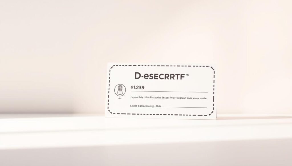 A stylish and minimalist mockup of a coupon or discount code for the Descript software, featured against a soft, diffused background. The coupon is displayed prominently, with clean typography and a simple graphic element. The lighting is gentle, creating a warm and inviting atmosphere. The composition draws the eye to the coupon, highlighting its key details. The overall look and feel conveys a sense of professionalism and value, reflecting the article's focus on pricing and discounts for podcasters using Descript.