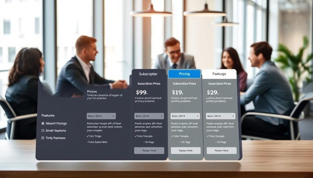A stylish and modern business pricing platform, captured in a high-resolution, crisp photograph. The foreground features a sleek, minimalist user interface displaying various subscription tiers and pricing options, with clean typography and intuitive layout. The middle ground showcases a team of professionals collaborating around a conference table, discussing the platform's features. The background depicts a contemporary office environment with large windows, allowing natural light to flood the scene, creating a warm and inviting atmosphere. The overall mood is one of professionalism, efficiency, and a focus on providing valuable solutions for small businesses. A stylish and modern business pricing platform, captured in a high-resolution, crisp photograph. The foreground features a sleek, minimalist user interface displaying various subscription tiers and pricing options, with clean typography and intuitive layout. The middle ground showcases a team of professionals collaborating around a conference table, discussing the platform's features. The background depicts a contemporary office environment with large windows, allowing natural light to flood the scene, creating a warm and inviting atmosphere. The overall mood is one of professionalism, efficiency, and a focus on providing valuable solutions for small businesses.