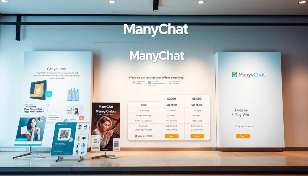 A stylish and modern e-commerce store display showcases various ManyChat offers against a sleek, minimalist backdrop. In the foreground, an arrangement of enticing product images and promotional banners captures the viewer's attention, highlighting the value and benefits of ManyChat's solutions. The middle ground features a clean, well-organized pricing table, presenting a clear comparison of ManyChat's subscription tiers and discounts available to small businesses. The background is a soft, neutral-toned environment that allows the ManyChat branding and offers to take center stage, creating a visually appealing and informative composition.