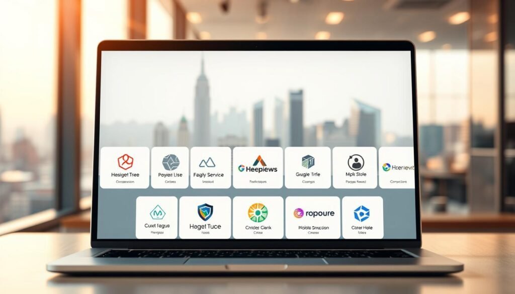 A stylish and sleek display of "business name ideas" for the NexReviewZ brand. In the foreground, a modern laptop showcases various conceptual logo designs and name options, all presented with a clean, minimalist aesthetic. The middle ground features a geometric pattern of shapes and lines, hinting at the process of branding and ideation. In the background, a softly blurred cityscape sets the scene, suggesting the urban, professional context. Warm, directional lighting illuminates the scene, creating depth and a sense of polish. The overall mood is one of sophistication, innovation, and the entrepreneurial spirit of small business owners.