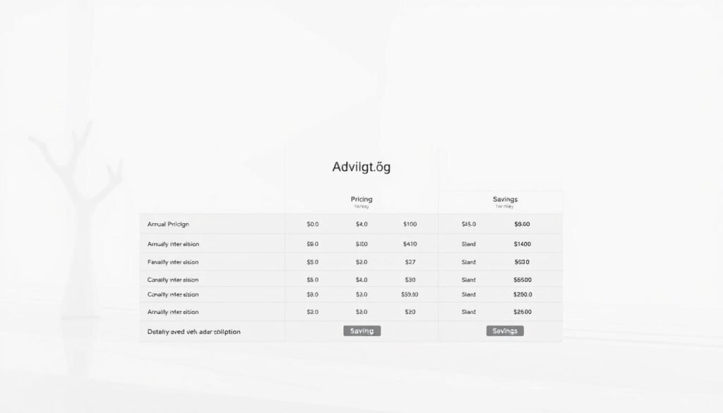 A stylish, minimalist annual pricing table set against a clean, modern backdrop. The foreground features a sleek grid layout with crisp typography highlighting the pricing tiers, duration, and savings. The middle ground showcases a subtle gradient or textured pattern, adding depth and visual interest. The background frames the scene with a soft, light-filled environment, creating a sense of openness and balance. Employ a muted color palette of greys, blues, and whites to convey a professional, trustworthy tone. Utilize thoughtful negative space and carefully considered angles to present the pricing information in an organized, easy-to-digest manner. A stylish, minimalist annual pricing table set against a clean, modern backdrop. The foreground features a sleek grid layout with crisp typography highlighting the pricing tiers, duration, and savings. The middle ground showcases a subtle gradient or textured pattern, adding depth and visual interest. The background frames the scene with a soft, light-filled environment, creating a sense of openness and balance. Employ a muted color palette of greys, blues, and whites to convey a professional, trustworthy tone. Utilize thoughtful negative space and carefully considered angles to present the pricing information in an organized, easy-to-digest manner.