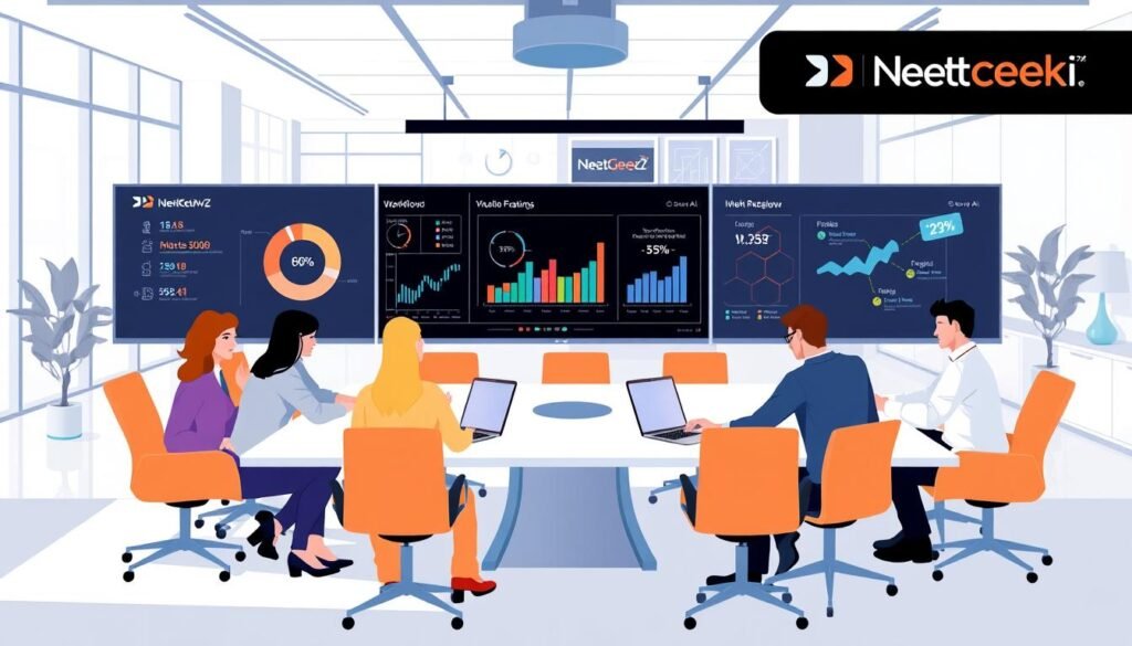A stylized, high-resolution illustration depicting a modern office meeting, showcasing the key features and workflows of NexReviewZ, a business intelligence platform. In the foreground, a group of professionals sit around a sleek conference table, engaged in discussion, with laptops and mobile devices visible. The middle ground features informative charts and graphs displayed on a large screen, highlighting key metrics and insights. The background depicts a well-lit, airy office space with minimalist decor, large windows, and subtle branding elements. The overall mood is professional, productive, and visually appealing, capturing the essence of the MeetGeek vs Otter.ai and Fireflies.ai comparison.