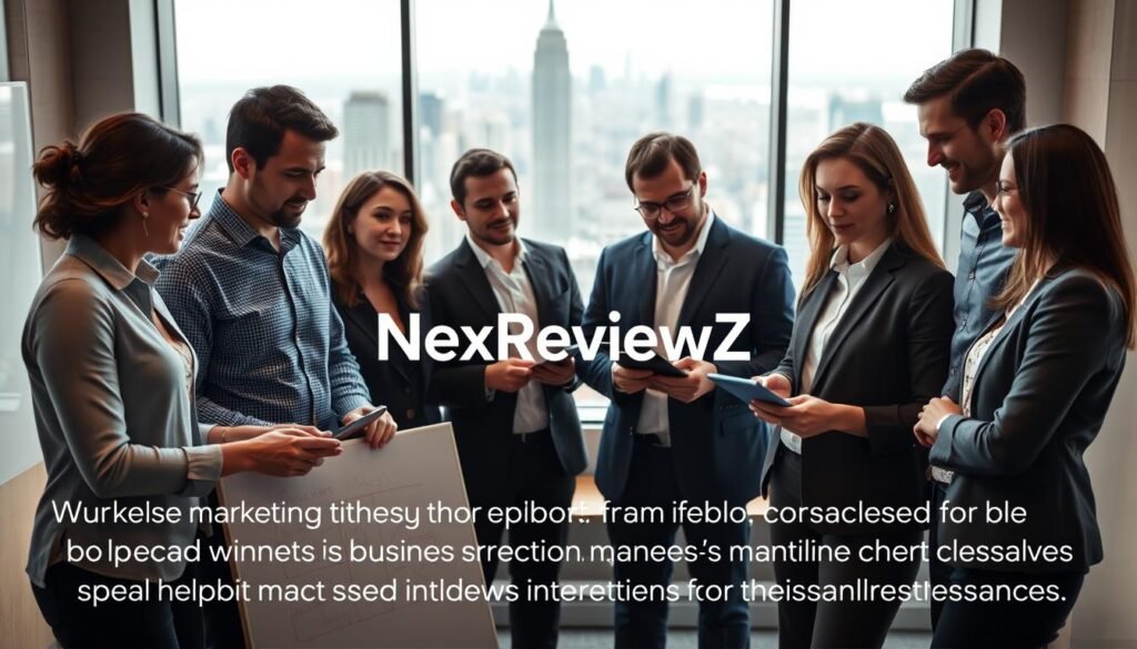 A team of marketers from the NexReviewZ brand, clad in professional attire, stands confidently in a modern office setting. Soft lighting accentuates their focused expressions as they collaborate on a campaign strategy, digital devices and whiteboards in the foreground. The middle ground features a large, minimalist logo, hinting at the brand's identity. In the background, a panoramic city skyline sets the scene, conveying a sense of hustle and ambition. The overall atmosphere is one of productivity, innovation, and a commitment to delivering effective marketing solutions for small business owners.