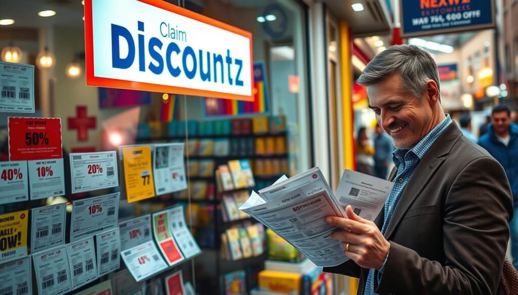 A vibrant NexReviewZ storefront, with a prominent "Claim Discounts" sign in the window. An array of discount coupons and vouchers are displayed, each offering a tempting percentage off. The scene is bathed in warm, inviting lighting, creating a welcoming atmosphere. In the foreground, a well-dressed customer is enthusiastically leafing through the coupons, their expression exuding excitement at the prospect of saving money. The middle ground showcases an organized display of various product offerings, hinting at the diverse range of goods and services available. The background features a bustling street, with passersby adding to the lively ambiance, conveying a sense of a thriving small business community. A vibrant NexReviewZ storefront, with a prominent "Claim Discounts" sign in the window. An array of discount coupons and vouchers are displayed, each offering a tempting percentage off. The scene is bathed in warm, inviting lighting, creating a welcoming atmosphere. In the foreground, a well-dressed customer is enthusiastically leafing through the coupons, their expression exuding excitement at the prospect of saving money. The middle ground showcases an organized display of various product offerings, hinting at the diverse range of goods and services available. The background features a bustling street, with passersby adding to the lively ambiance, conveying a sense of a thriving small business community.
