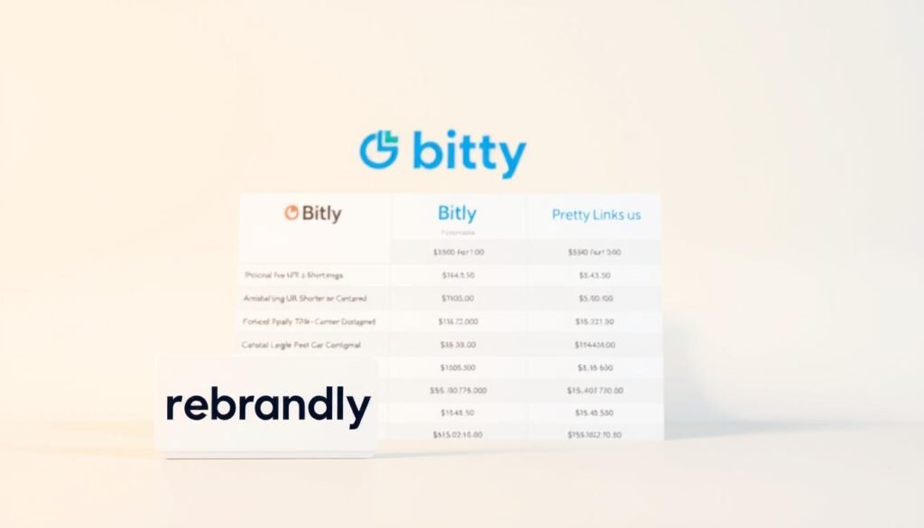 A vibrant and informative product comparison table set against a clean, minimalist background. In the foreground, the Rebrandly logo stands out prominently, flanked by the Bitly and Pretty Links logos, all rendered in high-quality detail. The middle ground features a well-organized pricing comparison, with clear columns highlighting the key features and costs of each URL shortener service. The background is softly lit, creating a professional and trustworthy atmosphere. The overall composition conveys a clear, data-driven comparison that helps small businesses make an informed decision. A vibrant and informative product comparison table set against a clean, minimalist background. In the foreground, the Rebrandly logo stands out prominently, flanked by the Bitly and Pretty Links logos, all rendered in high-quality detail. The middle ground features a well-organized pricing comparison, with clear columns highlighting the key features and costs of each URL shortener service. The background is softly lit, creating a professional and trustworthy atmosphere. The overall composition conveys a clear, data-driven comparison that helps small businesses make an informed decision.