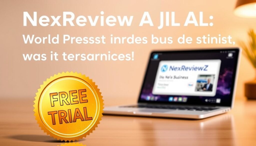 A vibrant and inviting image of a "free trial" offer for the NexReviewZ WordPress AI plan. In the foreground, a shimmering golden emblem or badge prominently displays the "FREE TRIAL" text, capturing the attention of small business owners. The middle ground features a modern, minimalist laptop or tablet device showcasing the NexReviewZ branding and interface, conveying the ease of access and user-friendly experience. The background depicts a soft, warm-toned atmosphere, perhaps with a subtle geometric pattern or abstract shapes, creating a visually appealing and professional setting. The overall mood is one of excitement, opportunity, and the promise of valuable solutions for small businesses, inviting the viewer to explore the NexReviewZ WordPress AI plan.