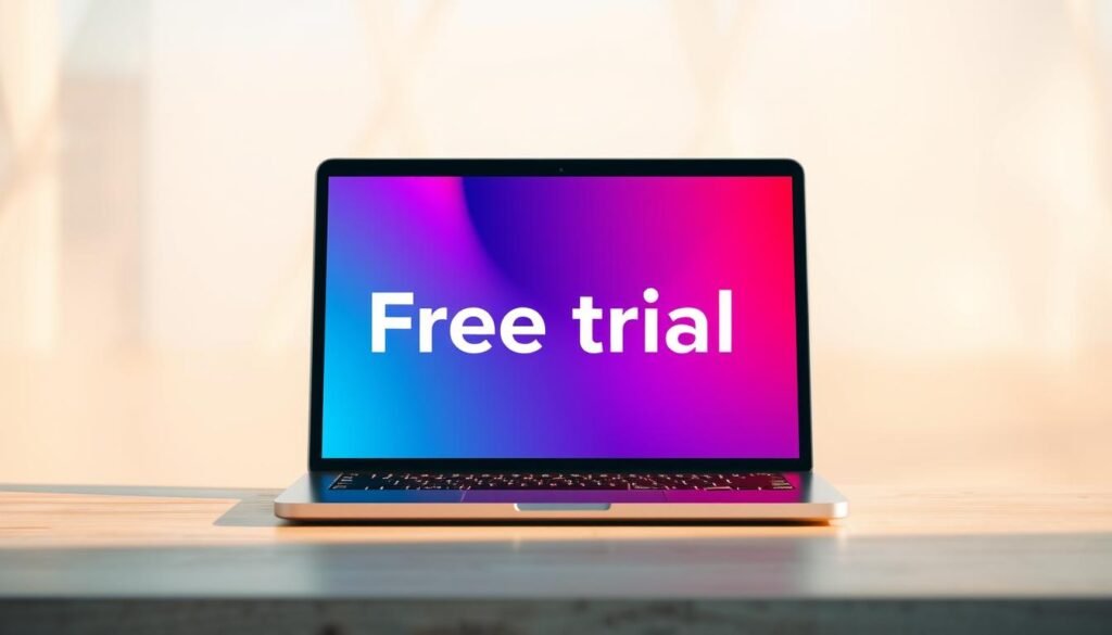 A vibrant and minimalistic rendering of "free trial" concept against a soft, blurred background. In the foreground, a crisp, glossy product shot of a laptop or tablet device centered on the frame, showcasing a simple yet elegant user interface. The middle ground features subtle textured elements, such as subtle strokes or geometric patterns, creating visual interest. The background is hazy and diffused, with soft gradients of complementary colors, evoking a sense of openness and opportunity. Warm, natural lighting illuminates the scene, casting gentle shadows and highlights to accentuate the product's details. The overall composition is balanced, drawing the viewer's attention to the central device and the "free trial" concept it represents. A vibrant and minimalistic rendering of "free trial" concept against a soft, blurred background. In the foreground, a crisp, glossy product shot of a laptop or tablet device centered on the frame, showcasing a simple yet elegant user interface. The middle ground features subtle textured elements, such as subtle strokes or geometric patterns, creating visual interest. The background is hazy and diffused, with soft gradients of complementary colors, evoking a sense of openness and opportunity. Warm, natural lighting illuminates the scene, casting gentle shadows and highlights to accentuate the product's details. The overall composition is balanced, drawing the viewer's attention to the central device and the "free trial" concept it represents.