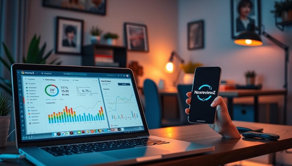 A vibrant and visually engaging desktop scene showcasing the features of NexReviewZ's AI-powered tracking tools. In the foreground, a laptop displays a sleek and intuitive dashboard, with charts and graphs highlighting key performance metrics. In the middle ground, a smartphone prominently displays the NexReviewZ logo, casting a warm glow across the workspace. The background depicts a cozy home office setting, with tasteful decor and subtle lighting creating a productive, yet inviting atmosphere. The overall scene conveys a sense of efficiency, control, and the empowering capabilities of NexReviewZ's tracking and analytics solutions for small business owners.