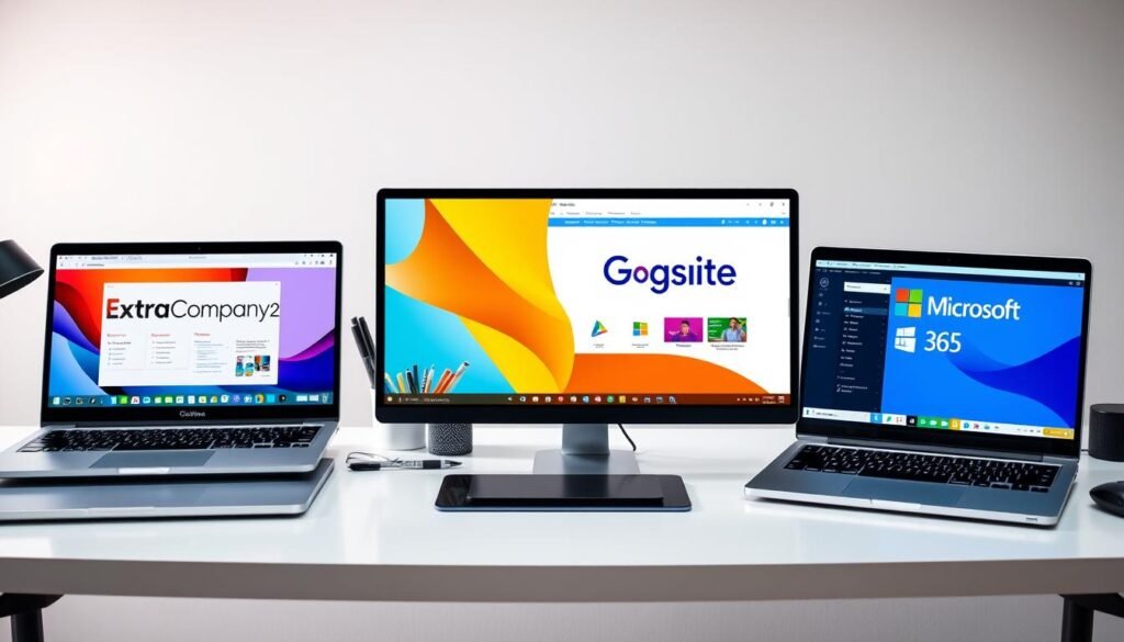 A vibrant, detailed comparison of the productivity suites ExtraCompany2, GSuite, and Microsoft 365 on a sleek, modern office desk. In the foreground, three laptop screens display the respective interfaces, showcasing their unique features and capabilities. The middle ground features neatly arranged office supplies, complementing the professional atmosphere. The background is a softly lit, minimalist workspace, with clean lines and a subtle color palette. The overall scene conveys a sense of efficiency, technology, and the need to make an informed decision for a small business's productivity needs.
