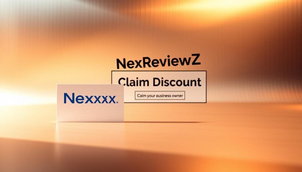 A vibrant digital coupon flutters against a sleek, metallic backdrop, casting a soft glow. In the foreground, the NexReviewZ logo stands out boldly, inviting small business owners to claim their exclusive discount. The middle ground features a clean, minimalist layout showcasing the "Claim Discount" call-to-action, framed by clean lines and geometric shapes. The background subtly fades into a muted gradient, creating a sense of depth and focus. Warm, directional lighting illuminates the scene, adding depth and dimension. The overall atmosphere conveys a sense of professionalism, accessibility, and the value of the offered discount.
