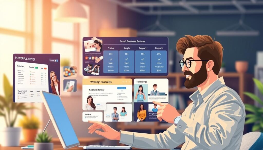 A vibrant, dynamic illustration showcasing the key features and benefits of the EssayDone service. In the foreground, a small-business owner confidently utilizes a sleek, intuitive user interface, effortlessly navigating the platform's powerful tools and resources. The middle ground depicts a collage of visual elements, including a pricing comparison table, a team of friendly, responsive support agents, and a suite of customizable templates tailored for professional writing needs. The background immerses the scene in a warm, productive atmosphere, highlighting the service's ability to seamlessly integrate with the small-business workflow and deliver exceptional results. Lighting is soft and natural, with a subtle depth of field that draws the viewer's attention to the key features. The overall impression conveys the service's dedication to empowering small businesses with its comprehensive, user-friendly, and cost-effective solutions.