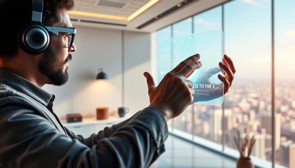 A vibrant, futuristic scene showcasing "humanizer modes" for the NexReviewZ AISEO Pro AI assistant. In the foreground, a small business owner interacts with a holographic interface, their hands gesturing to manipulate virtual controls. The middle ground features a sleek, minimalist office space with clean lines and warm lighting. In the background, a panoramic cityscape stretches out, hinting at the powerful capabilities of this innovative software. The overall atmosphere evokes a sense of technological wonder and the empowerment of small businesses through advanced AI tools.