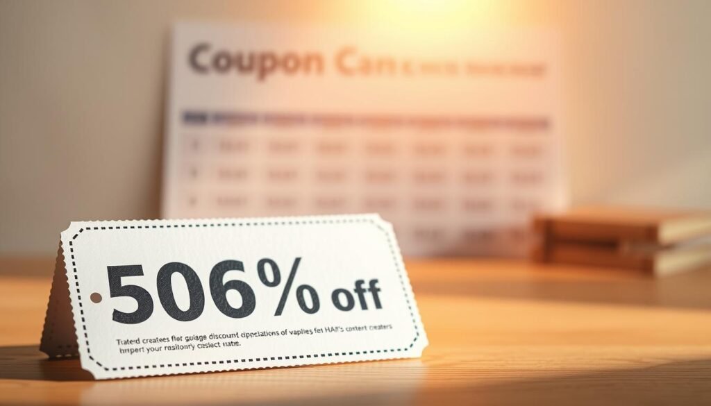 A vibrant, high-quality coupon against a soft, hazy backdrop. The coupon is in the foreground, with a clean, modern design featuring a bold, eye-catching discount percentage. The coupon is made of sturdy, textured paper with a slight sheen, lit by warm, diffused lighting that casts gentle shadows. The middle ground features a blurred, out-of-focus section of a pricing table, hinting at the article's content. The background is a neutral, minimalist setting, allowing the coupon to take center stage. The overall mood is professional, inviting, and subtly conveys the idea of a valuable discount opportunity for content creators.