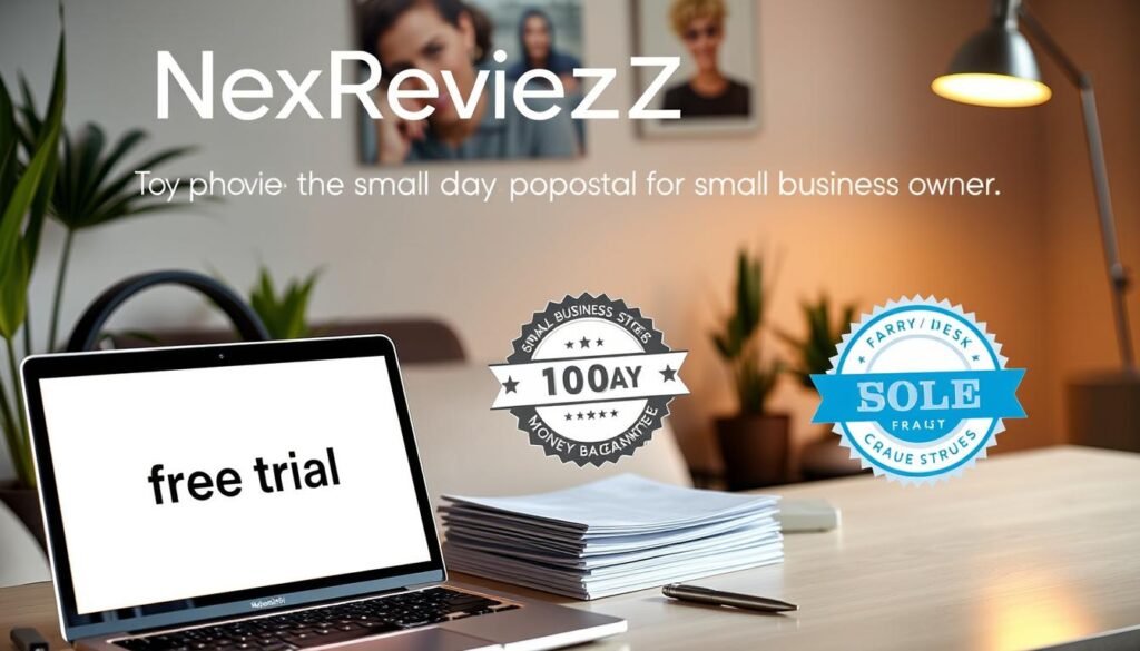 A vibrant, inviting scene featuring the NexReviewZ brand. In the foreground, a modern laptop displays a "free trial" offer, its screen casting a warm glow. Beside it, a stack of paperwork and a stylish pen, suggesting the seamless signup process. The middle ground showcases a 30-day money-back guarantee badge, emphasizing the brand's confidence. The background depicts a cozy, well-lit office space, with potted plants and a sleek desk lamp, conveying a sense of professionalism and customer-centric focus. The lighting is soft and directional, creating depth and highlighting the key elements. The overall mood is one of trust, accessibility, and a compelling value proposition for small business owners. A vibrant, inviting scene featuring the NexReviewZ brand. In the foreground, a modern laptop displays a "free trial" offer, its screen casting a warm glow. Beside it, a stack of paperwork and a stylish pen, suggesting the seamless signup process. The middle ground showcases a 30-day money-back guarantee badge, emphasizing the brand's confidence. The background depicts a cozy, well-lit office space, with potted plants and a sleek desk lamp, conveying a sense of professionalism and customer-centric focus. The lighting is soft and directional, creating depth and highlighting the key elements. The overall mood is one of trust, accessibility, and a compelling value proposition for small business owners.