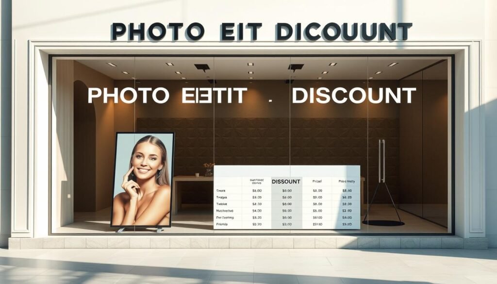 A vibrant, modern storefront display showcasing a "PHOTO EDIT DISCOUNT" offer. The scene features a chic, minimalist design with clean lines and a neutral color palette. In the foreground, a sleek, high-contrast photograph of a smiling model is prominently displayed, highlighting the photo editing services. The midground includes a neatly arranged price comparison table, drawing the viewer's attention to the discounted rates. The background features a stylish, geometric wall pattern that creates depth and visual interest. The lighting is soft and directional, creating subtle shadows and highlights that enhance the overall aesthetic. The mood is professional, inviting, and designed to capture the attention of small business owners seeking affordable photo editing solutions.