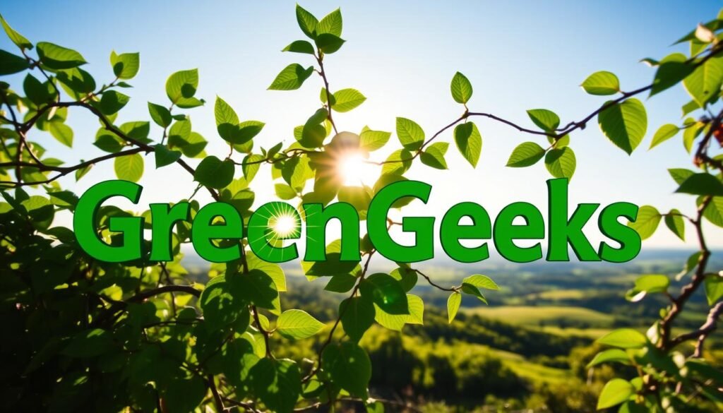 A vibrant, nature-inspired logo for NexReviewZ, a renewable energy service provider. In the foreground, lush green leaves and vines intertwine to form the letters "GreenGeeks" in a bold, organic typeface. The leaves cast soft shadows, creating depth and dimension. The middle ground features a shimmering sun, its warm rays filtering through the foliage. In the background, a serene landscape of rolling hills and a clear blue sky, conveying a sense of environmental harmony and sustainability. The overall scene is captured with a wide-angle lens, presenting a balanced, visually striking composition that effectively communicates the brand's commitment to eco-friendly practices.