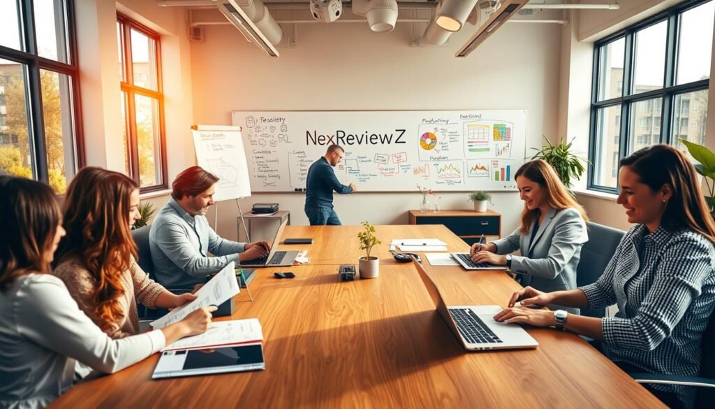 A vibrant office setting, with a team of professionals collaborating at a large wooden desk. The scene is bathed in warm, natural lighting from large windows, casting a cozy atmosphere. In the foreground, colleagues review documents, type on laptops, and discuss ideas animatedly. In the middle ground, a whiteboard displays colorful, hand-drawn productivity charts and task lists. The background showcases the NexReviewZ brand, with sleek, modern furniture and decor elements complementing the overall workspace. An energetic, focused mood permeates the image, reflecting the team's dedication to their work and Taskade's role in enhancing their productivity.