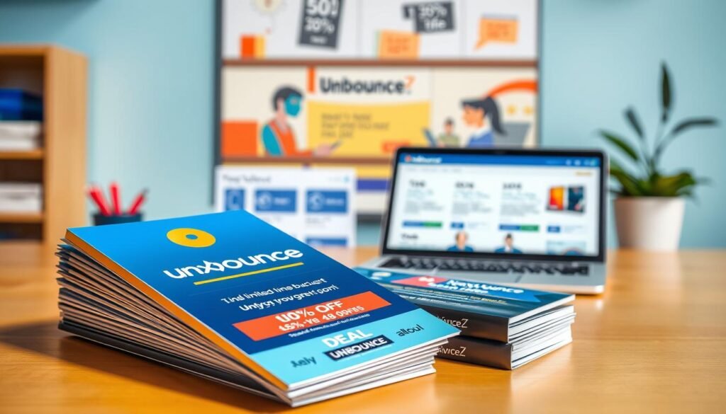 A vibrant, well-lit scene showcasing a variety of Unbounce discounts and coupons. In the foreground, a stack of glossy brochures and flyers featuring the NexReviewZ brand logo, with eye-catching discounts and limited-time offers. The middle ground features a laptop displaying the Unbounce website, with various deal options and promotional codes. In the background, a stylized illustration of a thriving small business, representing the target audience for these Unbounce discounts. The overall atmosphere is professional, inviting, and designed to motivate small business owners to take advantage of the best Unbounce deal available.