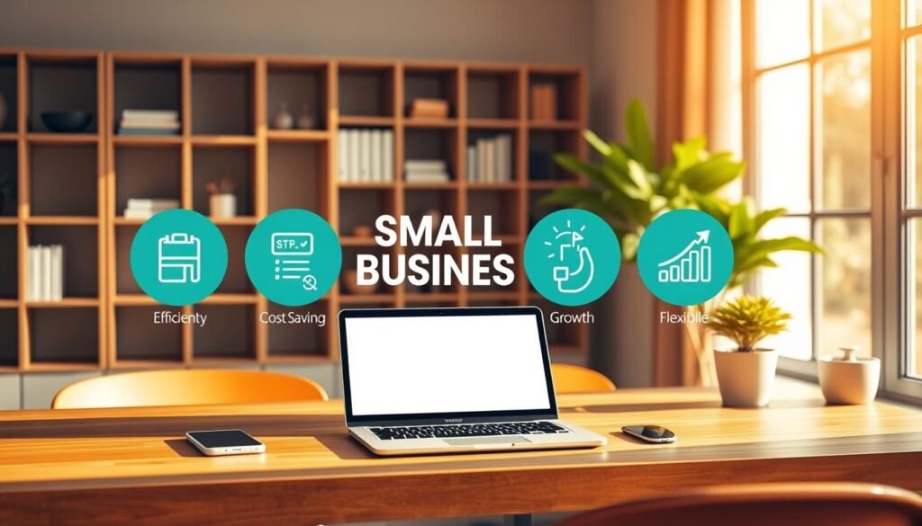 A vibrant workspace with a desk, laptop, and small business icons representing key benefits - efficiency, cost-savings, growth, and flexibility. Warm, natural lighting from a large window illuminates the scene, creating a cozy, productive atmosphere. In the background, a minimalist bookshelf and potted plant add depth and a sense of professionalism. The composition is balanced, drawing the viewer's eye to the central workspace and the benefits it represents for small businesses.