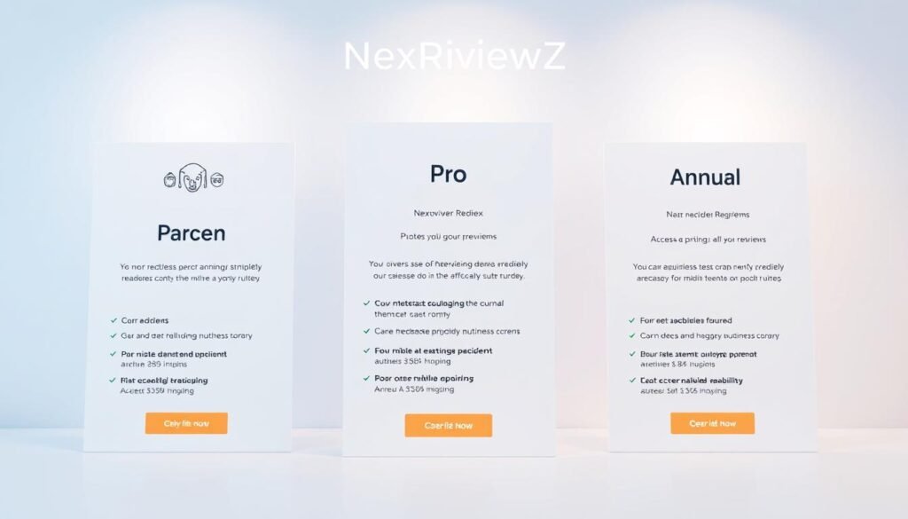 A visually compelling image displaying the different pricing plans and access tiers for the NexReviewZ AI platform. Set against a clean, modern backdrop, the foreground features clean typography and icons delineating the Starter, Pro, and Annual plan options. The middle ground showcases detailed information about each plan's features and benefits, presented in a clear, easy-to-digest manner. The background subtly incorporates the NexReviewZ brand identity, creating a cohesive and professional aesthetic. The lighting is soft and even, with a slight gradient to draw the viewer's eye towards the central plan details. The overall mood is one of clarity, accessibility, and the value proposition of the NexReviewZ offerings for small business owners.