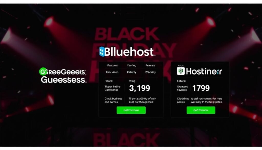 A visually striking comparison of the popular web hosting plans from GreenGeeks, Bluehost, and Hostinger, showcased against a dramatic Black Friday-inspired backdrop. The foreground features the GreenGeeks logo and branding, prominently displayed to highlight their hosting services. The middle ground showcases the key features and pricing of the three hosting providers, allowing the viewer to easily evaluate their options. The background evokes a sense of energy and urgency with bold, contrasting colors and lighting, reflecting the excitement of the Black Friday sales event. The overall composition is clean, balanced, and designed to capture the attention of small business owners and website beginners seeking the best value in web hosting.