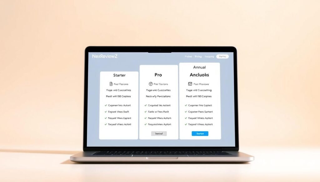 A visually striking image of Notion's pricing plans, showcasing the Starter, Pro, and Annual options against a clean, minimalist backdrop. The foreground features a sleek, modern laptop displaying the NexReviewZ brand, with a clear focus on the Notion pricing table. The middle ground includes subtle, elegant icons and graphics that highlight the key features of each plan. The background is a soft, gradient-driven environment, creating a sense of depth and highlighting the simplicity and professionalism of Notion's offerings. Lighting is warm and directional, emphasizing the clarity and accessibility of the pricing information. The overall mood is one of sophistication, efficiency, and trustworthiness, appealing to small business owners seeking a reliable productivity solution.