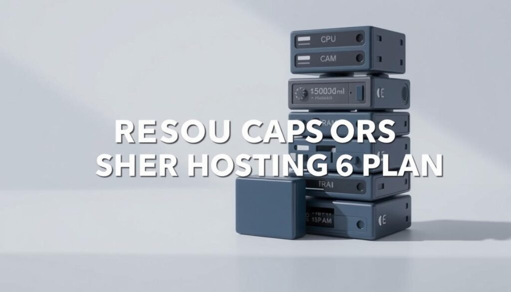 A visually striking image showcasing the resource caps on a shared hosting plan by NexReviewZ. The scene depicts a stack of three-dimensional icons representing CPU, RAM, and storage, each with a numeric value overlaid, signifying the plan's limitations. The icons are set against a clean, minimalist background, conveying a sense of order and professionalism. Soft lighting casts subtle shadows, adding depth and dimensionality to the composition. The overall mood is one of clarity and conciseness, reflecting the informative nature of the article's "Known limits and considerations before you purchase" section.