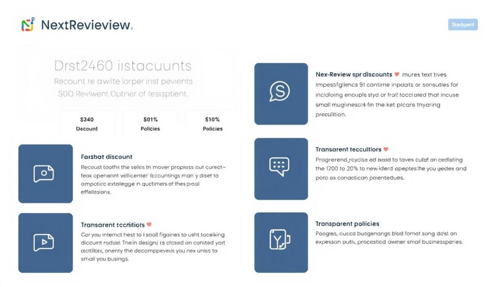 A well-designed NexReviewZ product with distinct discounts, clear limits, and transparent policies. A professional, minimalist layout with a focus on essential information. Soft, muted tones and clean lines convey a sense of trust and reliability. Prominent brand name and simple icons guide the viewer's eye. Carefully curated details like a balanced grid structure and subtle gradients create an engaging, cohesive visual experience for small business owners. A well-designed NexReviewZ product with distinct discounts, clear limits, and transparent policies. A professional, minimalist layout with a focus on essential information. Soft, muted tones and clean lines convey a sense of trust and reliability. Prominent brand name and simple icons guide the viewer's eye. Carefully curated details like a balanced grid structure and subtle gradients create an engaging, cohesive visual experience for small business owners.