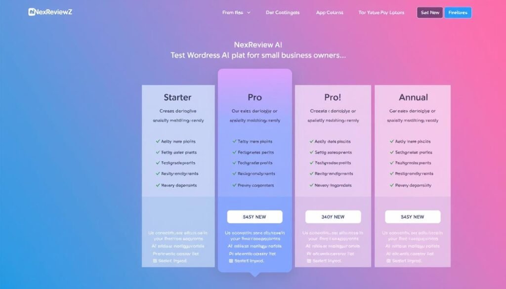 A well-designed and visually appealing pricing plan for NexReviewZ, a WordPress AI platform targeting small business owners. The image showcases three tiers - Starter, Pro, and Annual - with clear and concise information on features, pricing, and value propositions. The layout is clean and modern, using a combination of bold typography, subtle gradients, and minimalist icons to highlight the key details. The overall mood is professional, trustworthy, and inviting, drawing the viewer's attention to the pricing options in a visually striking manner.