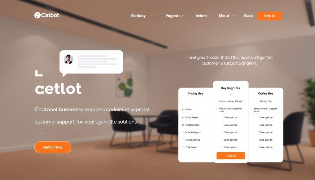 A well-designed chatbot website with a clean, minimalist layout. The foreground features a chatbot interface, with a conversational bubble and clean, intuitive UI elements. The middle ground showcases a pricing comparison table, highlighting key features and costs for different service tiers. The background depicts a serene office setting, with subtle geometric patterns and a warm, muted color palette to convey a professional, trustworthy atmosphere. Soft, directional lighting illuminates the scene, creating depth and highlighting the key elements. The overall composition suggests a seamless, user-friendly experience for small businesses exploring customer support chatbot solutions.