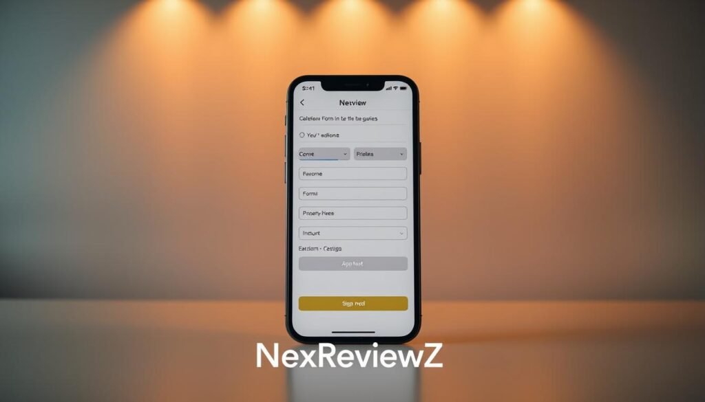 A well-designed mobile form stands at the center of a modern small business's digital toolkit. Against a sleek, minimalist background, a series of input fields and interactive elements invite the user to engage with the brand. Warm, ambient lighting casts a soft glow, creating a welcoming atmosphere. The form's layout is clean and intuitive, with clear visual hierarchy guiding the eye. In the foreground, the NexReviewZ logo subtly reinforces the brand identity. This seamless, user-friendly experience reflects the values of a company dedicated to empowering small businesses through innovative digital solutions.