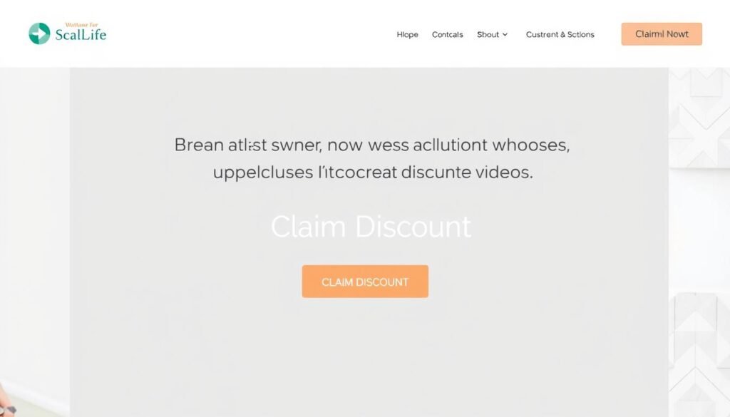 A well-designed website interface showcasing a prominently displayed "Claim Discount" button, inviting small business owners to take advantage of exclusive video creation offers. The interface features a clean, modern layout with a soft, pastel color palette, creating a sense of trustworthiness and professionalism. The button is positioned centrally, drawing the viewer's attention, and is accompanied by a subtle, elegant graphic element that complements the overall aesthetic. The background maintains a balance between simplicity and visual interest, with subtle textures or patterns that add depth and sophistication to the design.