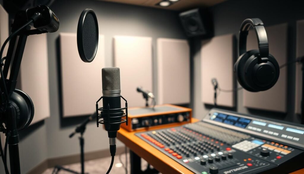A well-equipped podcast studio with professional-grade microphones, headphones, and a high-quality mixing console. The foreground features a dynamic microphone with a pop filter, positioned on an adjustable boom arm. In the middle ground, a sleek audio interface and a compact mixer with intuitive controls and VU meters. The background showcases a sound-treated room with acoustic panels, creating a pristine recording environment. Soft, directional lighting illuminates the setup, casting subtle shadows and highlights. The overall atmosphere conveys a sense of focus, precision, and the dedication required for podcasting excellence.