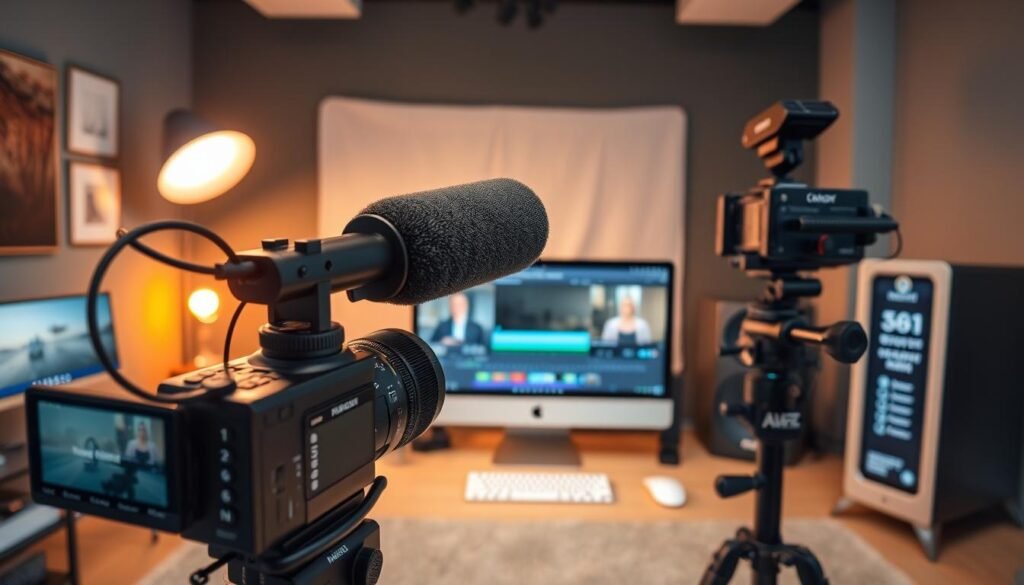 A well-equipped video creation studio for small business owners. In the foreground, a professional-grade camera and microphone setup capture crisp, high-quality footage. The middle ground showcases a selection of video editing tools, including intuitive timeline interfaces and powerful color grading capabilities. In the background, a sleek, modern desktop computer runs the NexReviewZ video creation software, providing a seamless and efficient workflow. Soft, warm lighting illuminates the scene, creating a productive and inviting atmosphere for small business owners to craft their next compelling video.