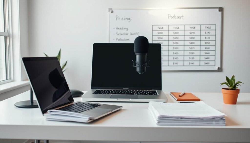 A well-lit, clean and organized home office workspace, with a desk showcasing a modern laptop, a professional-looking microphone, a neatly stacked pile of papers, and a small potted plant. In the background, a whiteboard on the wall displays a simple pricing table for a podcast production service, with clear headings and numerical values. The overall scene conveys a sense of productivity, professionalism, and attention to detail, suitable for a small business looking to leverage Descript's features.