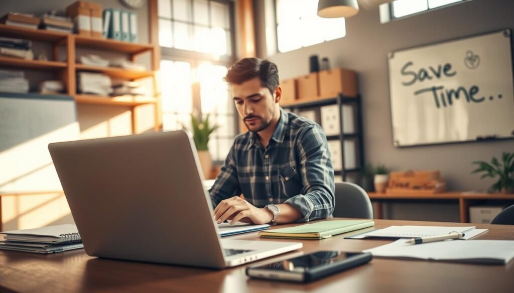 A well-lit, dynamic office scene showcasing a busy small business workflow. In the foreground, a desk with a laptop, smartphone, and productivity tools like a planner and pen. The middle ground features a person actively typing on the laptop, their face in focused concentration. In the background, shelves of organized files and a wall-mounted whiteboard with a 'Save Time' message. Warm, natural lighting from windows casts a productive, efficient atmosphere. The overall composition conveys the benefits of optimized processes, faster task completion, and higher quality content generation for a small business. A well-lit, dynamic office scene showcasing a busy small business workflow. In the foreground, a desk with a laptop, smartphone, and productivity tools like a planner and pen. The middle ground features a person actively typing on the laptop, their face in focused concentration. In the background, shelves of organized files and a wall-mounted whiteboard with a 'Save Time' message. Warm, natural lighting from windows casts a productive, efficient atmosphere. The overall composition conveys the benefits of optimized processes, faster task completion, and higher quality content generation for a small business.