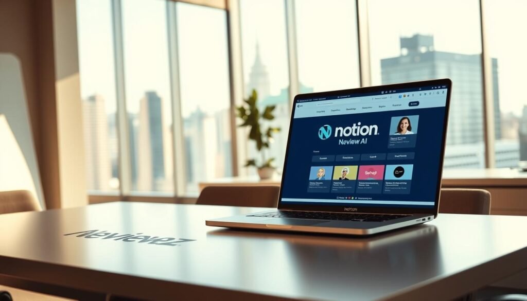 A well-lit, modern office interior with a large desk featuring the NexReviewZ logo. On the desk, a laptop displays the Notion AI interface, showcasing its intuitive layout and powerful features. The foreground highlights a sleek, minimalist design aesthetic, while the background features floor-to-ceiling windows overlooking a bustling city skyline, creating a sense of productivity and ambition. The lighting is warm and inviting, casting a professional, yet approachable atmosphere, perfect for small business owners looking to upgrade their workflow with Notion's AI-powered capabilities. A well-lit, modern office interior with a large desk featuring the NexReviewZ logo. On the desk, a laptop displays the Notion AI interface, showcasing its intuitive layout and powerful features. The foreground highlights a sleek, minimalist design aesthetic, while the background features floor-to-ceiling windows overlooking a bustling city skyline, creating a sense of productivity and ambition. The lighting is warm and inviting, casting a professional, yet approachable atmosphere, perfect for small business owners looking to upgrade their workflow with Notion's AI-powered capabilities.