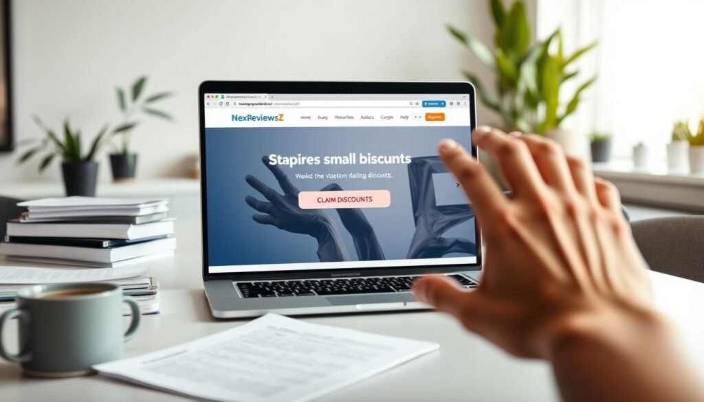 A well-lit, modern office scene showcasing a laptop screen displaying the NexReviewZ website, highlighting a prominent "Claim Discounts" button. In the foreground, a hand reaching towards the laptop, conveying a sense of action and engagement. The middle ground features a stack of documents and a coffee mug, suggesting a productive work environment. The background is a soft, blurred workspace with plants and minimal decor, creating a calming and professional atmosphere. The overall composition should inspire small business owners to explore and claim the available discounts with ease and confidence. A well-lit, modern office scene showcasing a laptop screen displaying the NexReviewZ website, highlighting a prominent "Claim Discounts" button. In the foreground, a hand reaching towards the laptop, conveying a sense of action and engagement. The middle ground features a stack of documents and a coffee mug, suggesting a productive work environment. The background is a soft, blurred workspace with plants and minimal decor, creating a calming and professional atmosphere. The overall composition should inspire small business owners to explore and claim the available discounts with ease and confidence.