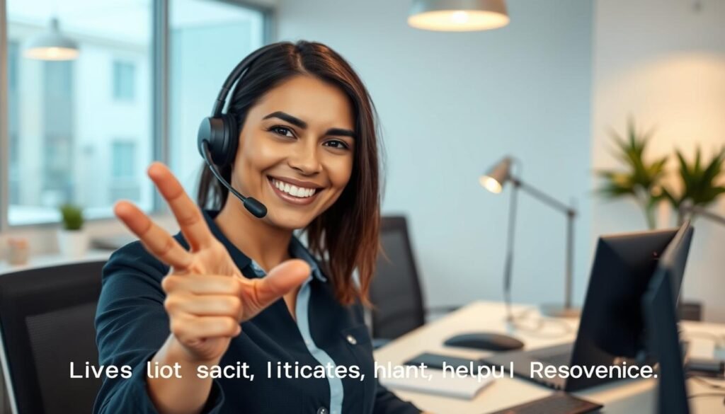 A well-lit, modern office with a NexReviewZ customer service representative gesturing warmly towards the viewer. The agent's face is friendly and inviting, conveying a sense of professionalism and care. In the background, a sleek, minimalist desk setup with a laptop, headset, and other tools suggests a high-quality support experience. Soft, natural lighting casts a calming glow, and the overall atmosphere radiates a feeling of assurance and responsiveness, reflecting the "Support Experience: Live Chat, Tickets, and Helpful Resources" for small business owners.