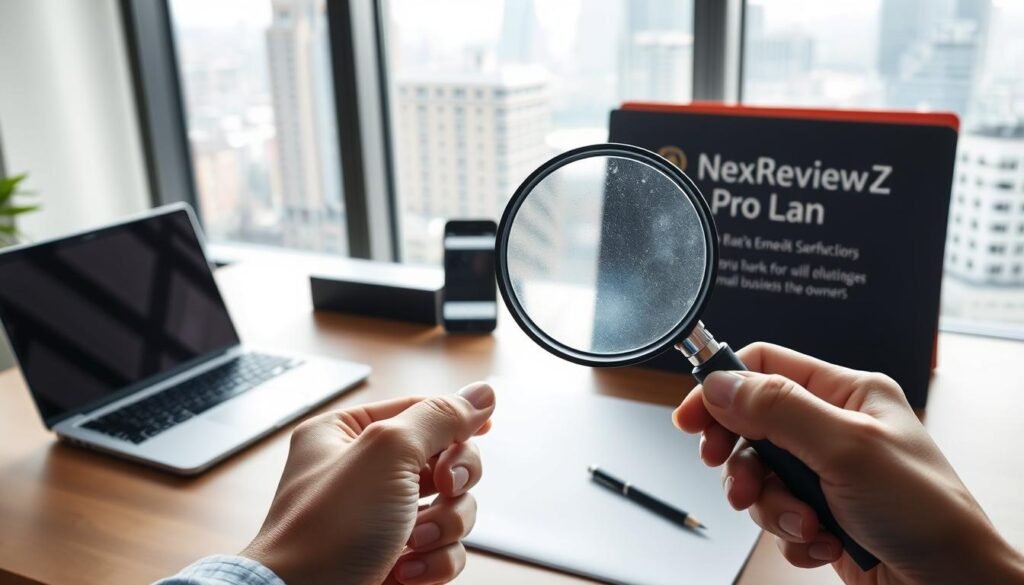 A well-lit office desk with a laptop, smartphone, and a NexReviewZ branded folder containing the "Hunter.io Pro Plan" features. In the foreground, a hand holds a magnifying glass, hinting at the "email finder" capabilities. The background features a cityscape through a window, conveying a sense of professional and modern atmosphere. The lighting is soft and natural, creating a welcoming and inviting mood. The overall composition emphasizes the usefulness and value of the "Hunter.io Pro Plan" for small business owners. A well-lit office desk with a laptop, smartphone, and a NexReviewZ branded folder containing the "Hunter.io Pro Plan" features. In the foreground, a hand holds a magnifying glass, hinting at the "email finder" capabilities. The background features a cityscape through a window, conveying a sense of professional and modern atmosphere. The lighting is soft and natural, creating a welcoming and inviting mood. The overall composition emphasizes the usefulness and value of the "Hunter.io Pro Plan" for small business owners.