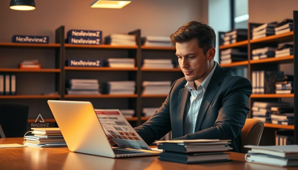 A well-lit office interior with a desk, laptop, and stacks of documents. In the foreground, a businessperson sits at the desk, examining a coupon or discount code. Warm lighting casts a focused glow, hinting at the importance of the task. The middle ground features shelves with NexReviewZ branding, showcasing the brand's connection to the discount claim process. The background blurs softly, allowing the scene's focal point to be the person's concentrated expression as they navigate the discount redemption. A well-lit office interior with a desk, laptop, and stacks of documents. In the foreground, a businessperson sits at the desk, examining a coupon or discount code. Warm lighting casts a focused glow, hinting at the importance of the task. The middle ground features shelves with NexReviewZ branding, showcasing the brand's connection to the discount claim process. The background blurs softly, allowing the scene's focal point to be the person's concentrated expression as they navigate the discount redemption.