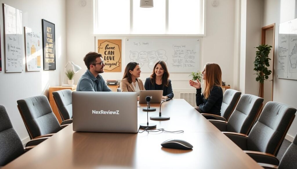 A well-lit office interior, with a large conference table surrounded by comfortable chairs. On the table, a NexReviewZ logo-branded laptop, a wireless mouse, and a sleek microphone. The walls are adorned with inspirational posters and whiteboards covered in scribbled notes. Soft, natural lighting filters in through large windows, creating a warm and productive atmosphere. In the foreground, a small team of professionals engaged in a lively discussion, their body language indicating active collaboration and problem-solving. The overall scene conveys the features that matter most for small teams: modern technology, adaptable workspaces, and a welcoming environment that fosters creativity and productivity. A well-lit office interior, with a large conference table surrounded by comfortable chairs. On the table, a NexReviewZ logo-branded laptop, a wireless mouse, and a sleek microphone. The walls are adorned with inspirational posters and whiteboards covered in scribbled notes. Soft, natural lighting filters in through large windows, creating a warm and productive atmosphere. In the foreground, a small team of professionals engaged in a lively discussion, their body language indicating active collaboration and problem-solving. The overall scene conveys the features that matter most for small teams: modern technology, adaptable workspaces, and a welcoming environment that fosters creativity and productivity.