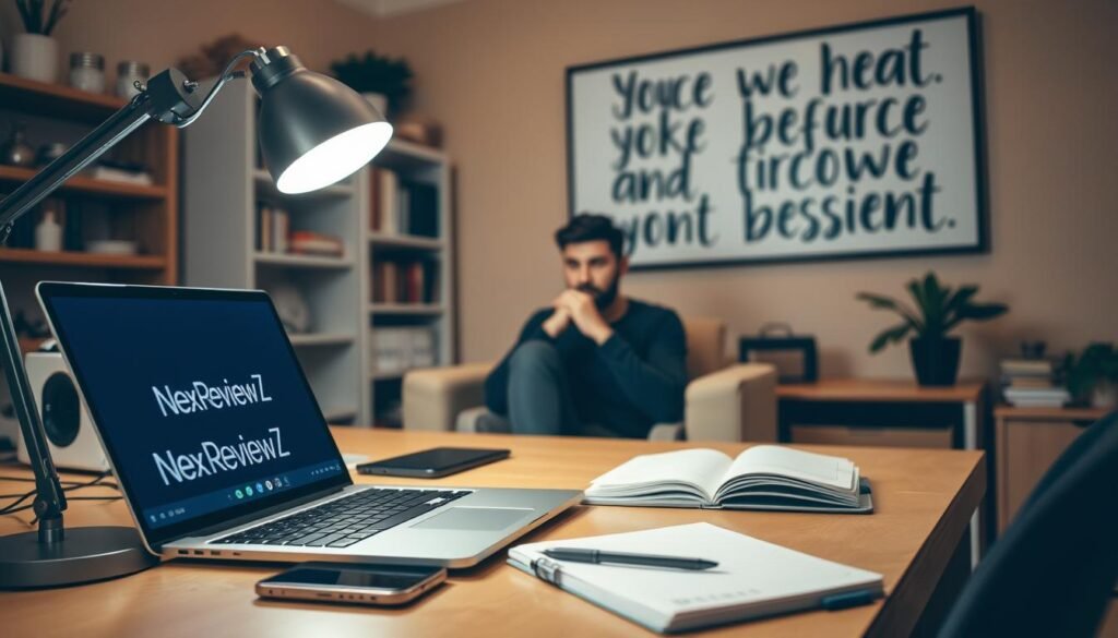 A well-lit office space, with a cozy atmosphere and a productive vibe. In the foreground, a NexReviewZ-branded laptop displays a vibrant screen, surrounded by a tidy desk adorned with a modern desk lamp, a sleek smartphone, and a minimalist notebook. In the middle ground, a person sits comfortably, hands poised over the keyboard, deep in thought as they create compelling content. The background features warm, muted tones, with a bookshelf filled with reference materials and a large, inspirational wall art piece. The lighting is soft and diffused, casting a gentle glow over the entire scene, conveying a sense of focus and creativity. A well-lit office space, with a cozy atmosphere and a productive vibe. In the foreground, a NexReviewZ-branded laptop displays a vibrant screen, surrounded by a tidy desk adorned with a modern desk lamp, a sleek smartphone, and a minimalist notebook. In the middle ground, a person sits comfortably, hands poised over the keyboard, deep in thought as they create compelling content. The background features warm, muted tones, with a bookshelf filled with reference materials and a large, inspirational wall art piece. The lighting is soft and diffused, casting a gentle glow over the entire scene, conveying a sense of focus and creativity.