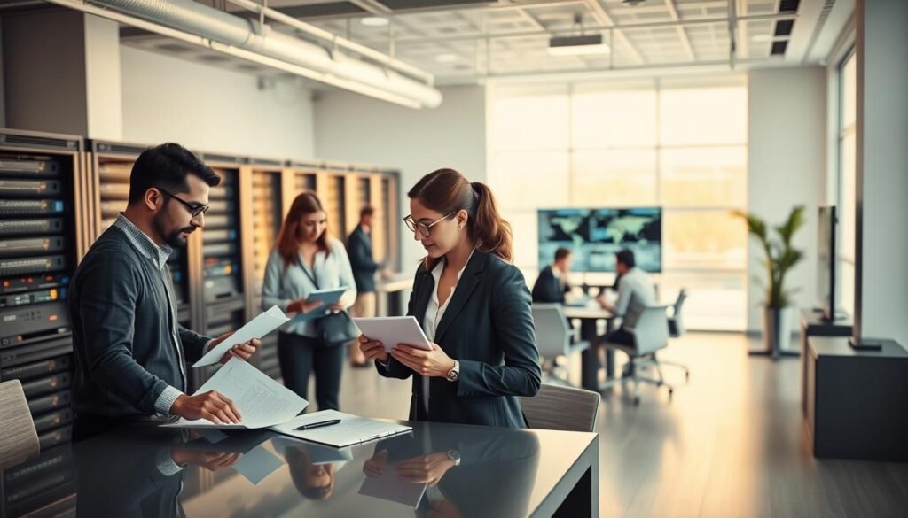 A well-lit office space with a team of diverse professionals collaborating on a secure digital workspace. In the foreground, two colleagues review documents on a sleek, modern desk, while in the middle ground, a group discusses strategy around a large conference table. In the background, a server rack and security monitors suggest robust information infrastructure. Soft, warm lighting casts a professional, focused atmosphere, and the overall composition conveys a sense of teamwork, organization, and technological prowess.