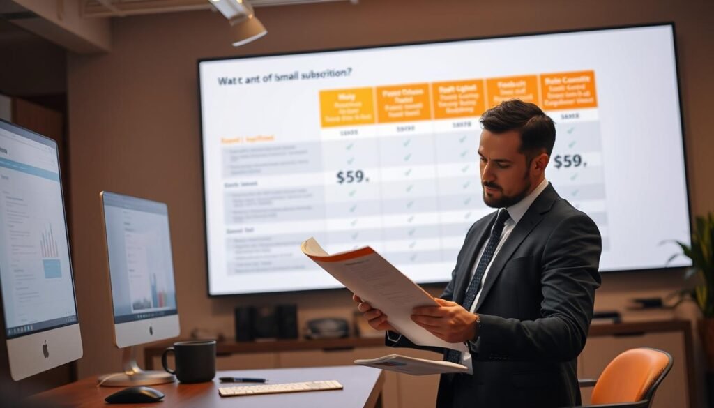 A well-lit office workspace with a desktop computer, notepad, and pen. In the foreground, a businessman in a suit examining various pricing plans, weighing the pros and cons of each. In the background, a large screen displays a comparison table, highlighting the key features and output capabilities of different subscription tiers. The lighting is warm and focused, creating a contemplative atmosphere as the decision-maker considers the optimal plan for their small business needs.