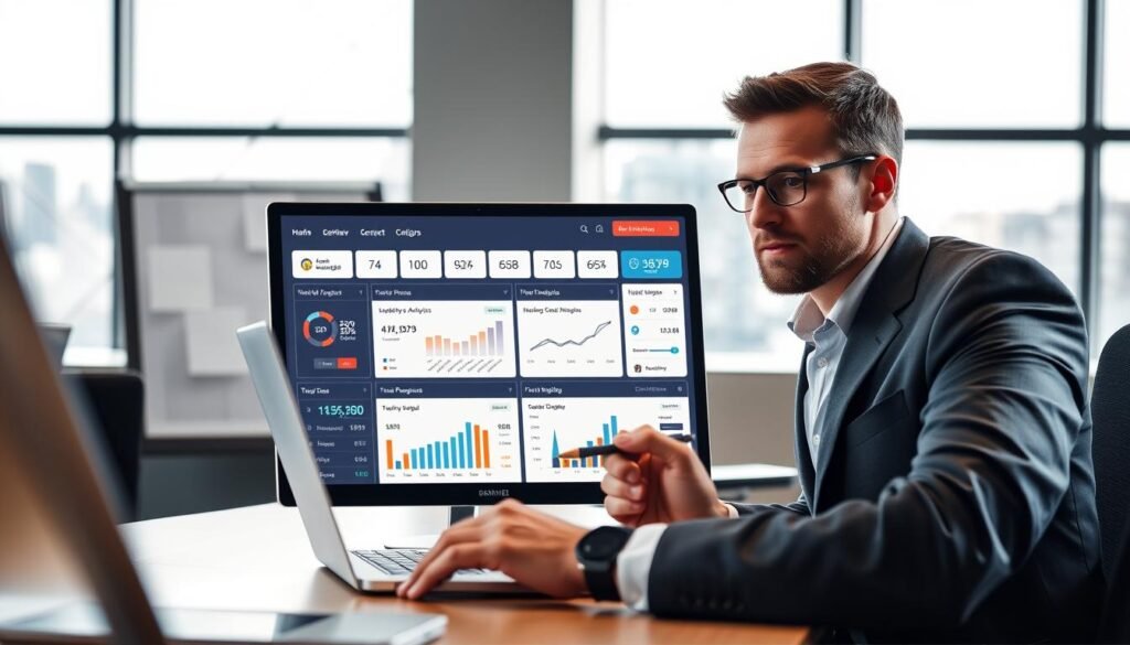 A well-lit office workspace with a laptop displaying a NexReviewZ dashboard, showcasing detailed website analytics, SEO insights, and performance metrics. In the foreground, a businessperson reviews the data, pen in hand, with a thoughtful expression. The middle ground features a clean, minimalist design with geometric shapes and a subtle grid pattern, suggesting structure and organization. The background has a soft, blurred cityscape, hinting at the broader context of the business. The overall mood is one of focused professionalism, empowered by the actionable insights provided by NexReviewZ.