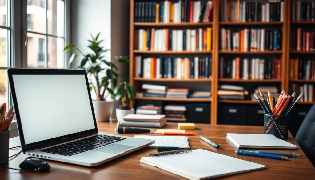 A well-lit office workspace with a wooden desk, a laptop, a notepad, and various stationery items, such as pens, highlighters, and sticky notes. In the background, a bookshelf filled with books and a potted plant, symbolizing the essential sources of knowledge and inspiration for content creators. The lighting is soft and warm, creating a cozy and productive atmosphere. The overall scene conveys the idea of a content creator's workspace, where the core features that matter, such as research, writing, and organization, come together to create compelling content.