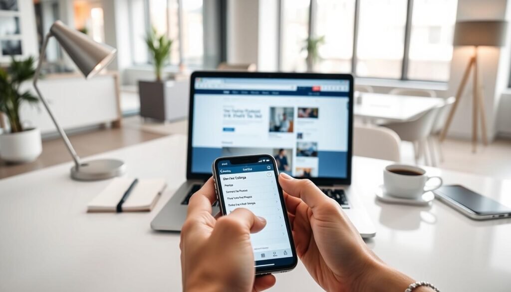 A well-lit, professional-looking setup with a laptop, smartphone, and a WordPress website interface on the screen. In the foreground, a hand is carefully adjusting the settings on the smartphone, reflecting the focus on "ShortPixel setup for WordPress". The middle ground features a clean, organized desk with a stylish lamp, a notebook, and a cup of coffee, conveying a productive, efficient workspace. The background showcases a modern, minimalist office interior with large windows letting in natural light, creating a calm, inspiring atmosphere. The overall scene should feel like a realistic, aspirational setup for a small business owner optimizing their WordPress site. A well-lit, professional-looking setup with a laptop, smartphone, and a WordPress website interface on the screen. In the foreground, a hand is carefully adjusting the settings on the smartphone, reflecting the focus on "ShortPixel setup for WordPress". The middle ground features a clean, organized desk with a stylish lamp, a notebook, and a cup of coffee, conveying a productive, efficient workspace. The background showcases a modern, minimalist office interior with large windows letting in natural light, creating a calm, inspiring atmosphere. The overall scene should feel like a realistic, aspirational setup for a small business owner optimizing their WordPress site.