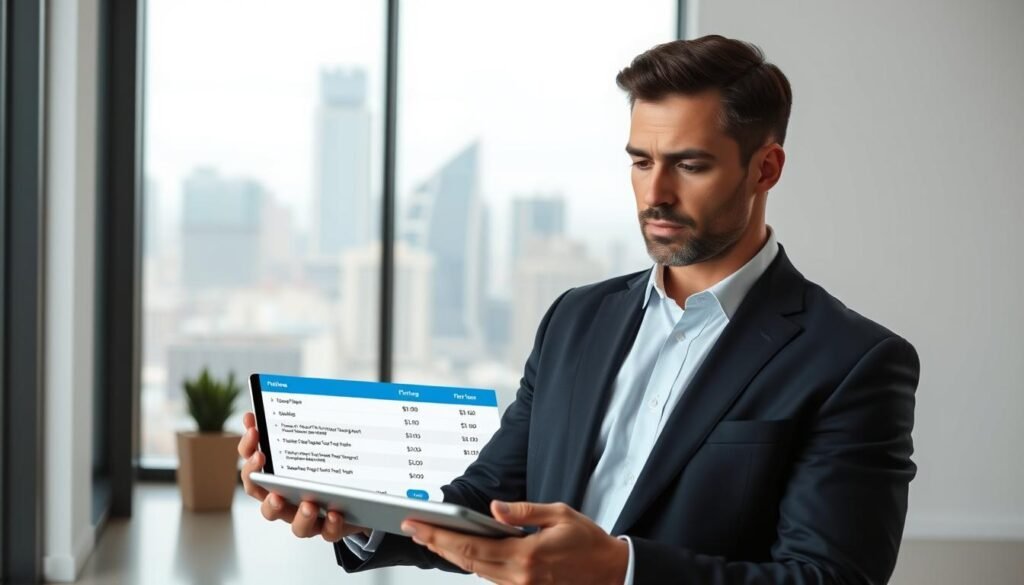 A well-lit studio scene showcasing a businessman in a suit thoughtfully examining different pricing tier options for a digital image service on a tablet. The background features a sleek, minimalist office setting with a large window overlooking a cityscape. The man's expression conveys careful consideration as he weighs the features and costs of each tier, seeking to find the right balance for his agency's workflow. The lighting is soft and natural, with a touch of directional illumination to highlight the decision-making process. The overall atmosphere is one of professional deliberation, guiding the viewer to appreciate the importance of selecting the appropriate pricing plan.